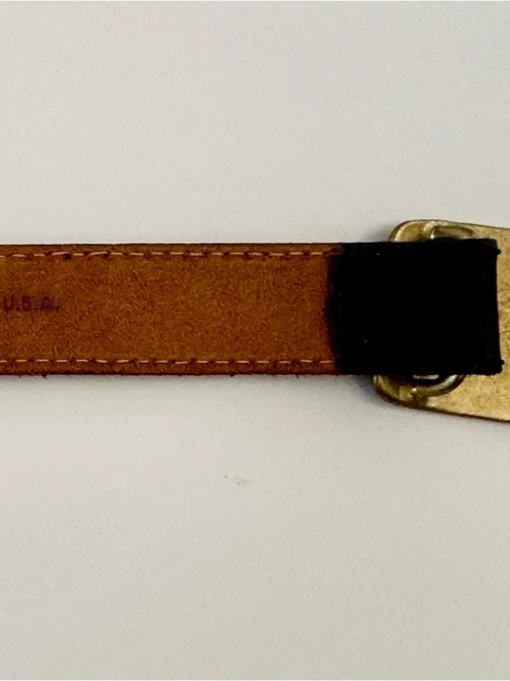 Donna Karan Black Leather Belt with Brass Plaque Buckle